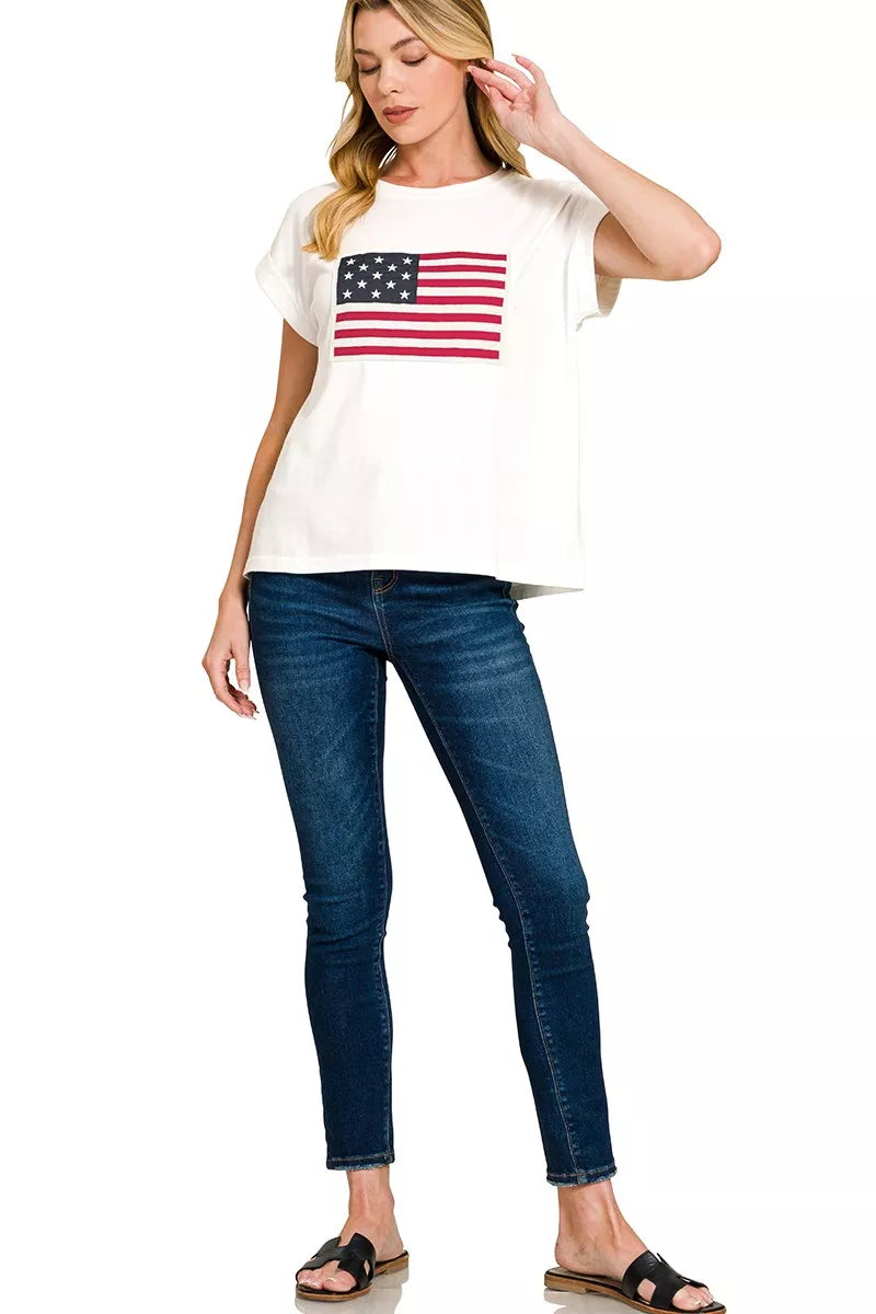 Plus size white crew-neck graphic T-shirt with US flag print, short sleeves, draped hem