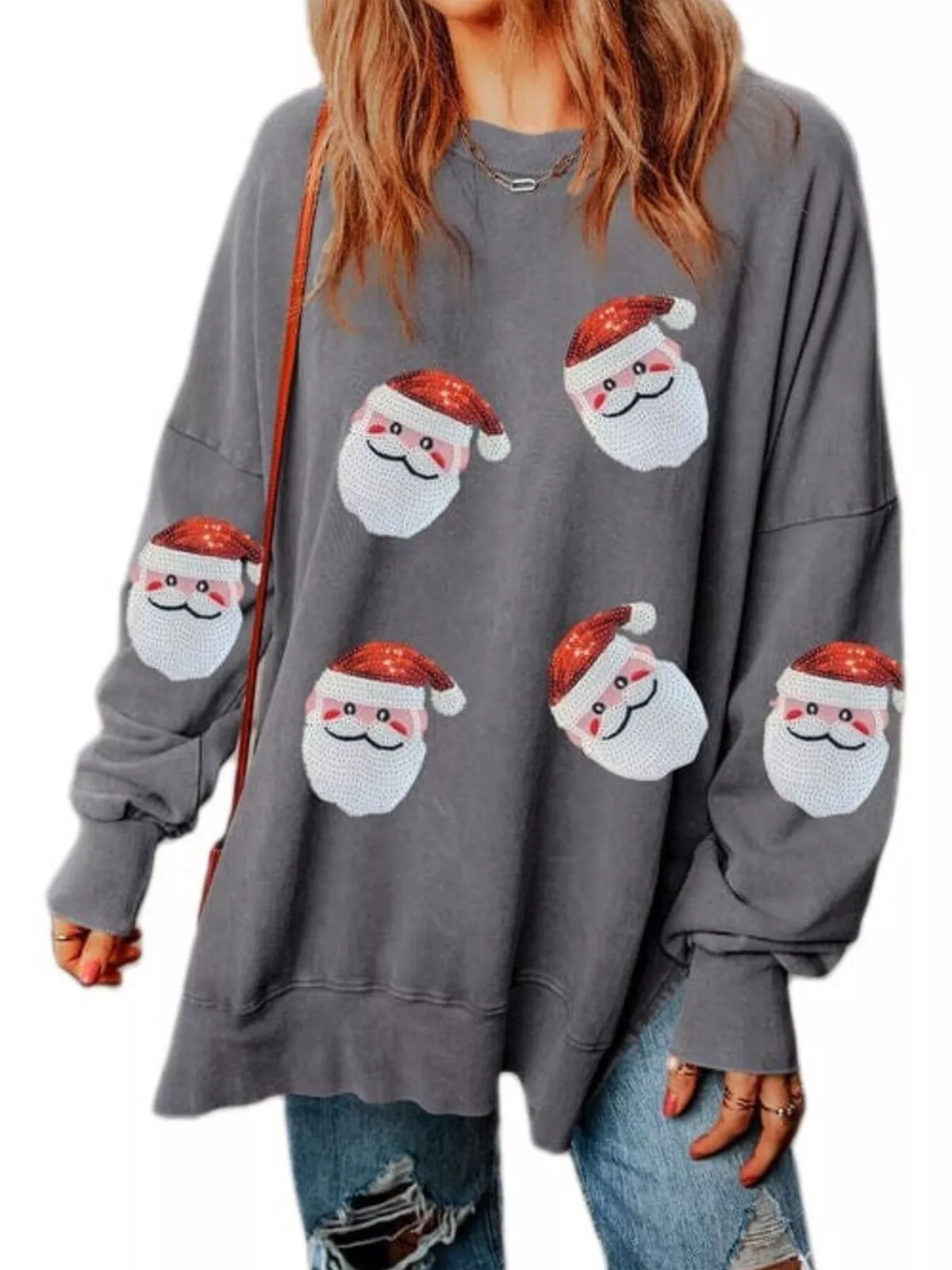 Oversized gray sweatshirt with Santa face graphic print and long sleeves