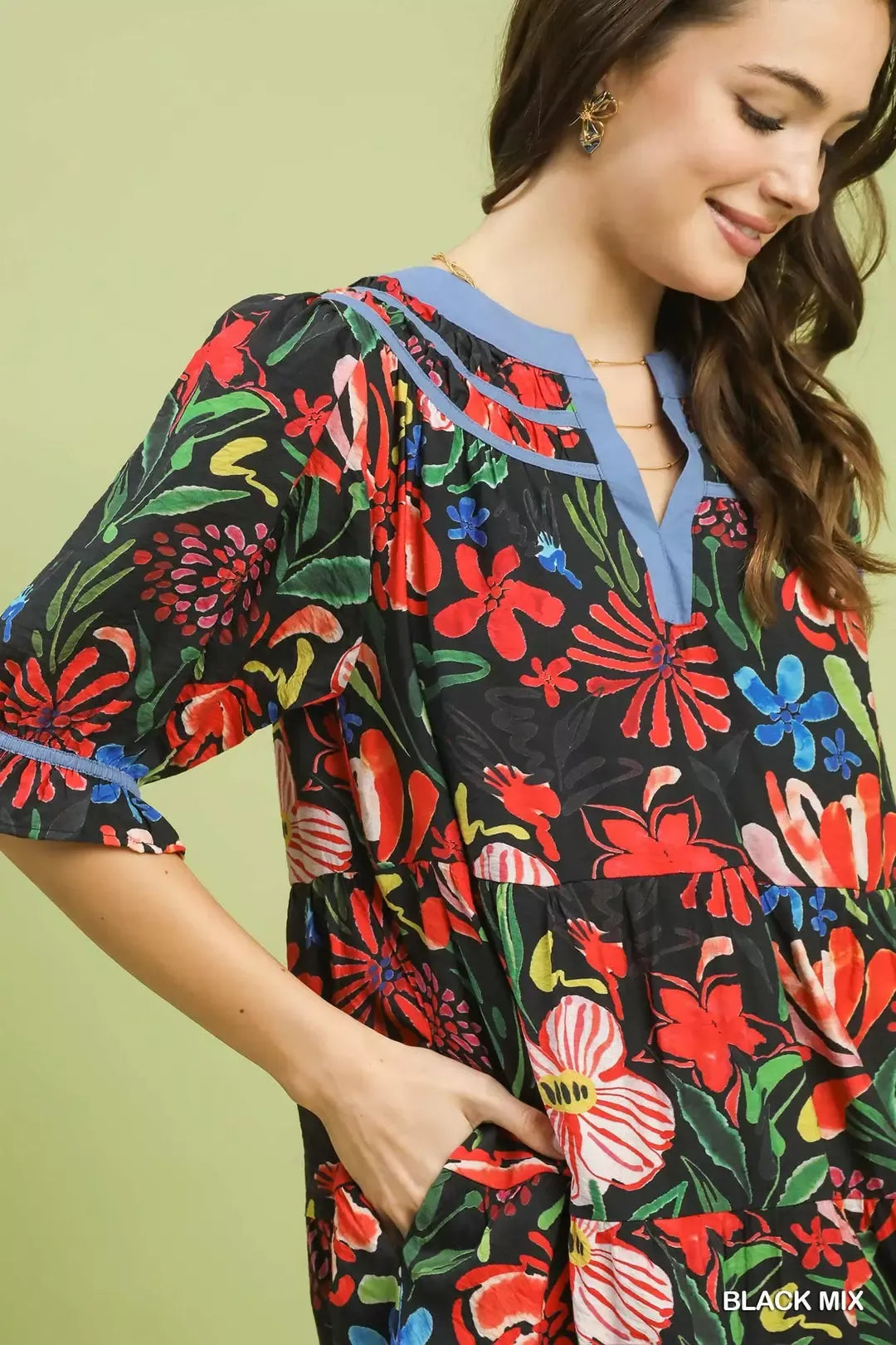 Floral tiered puff-sleeve dress close-up, black with colorful flower pattern