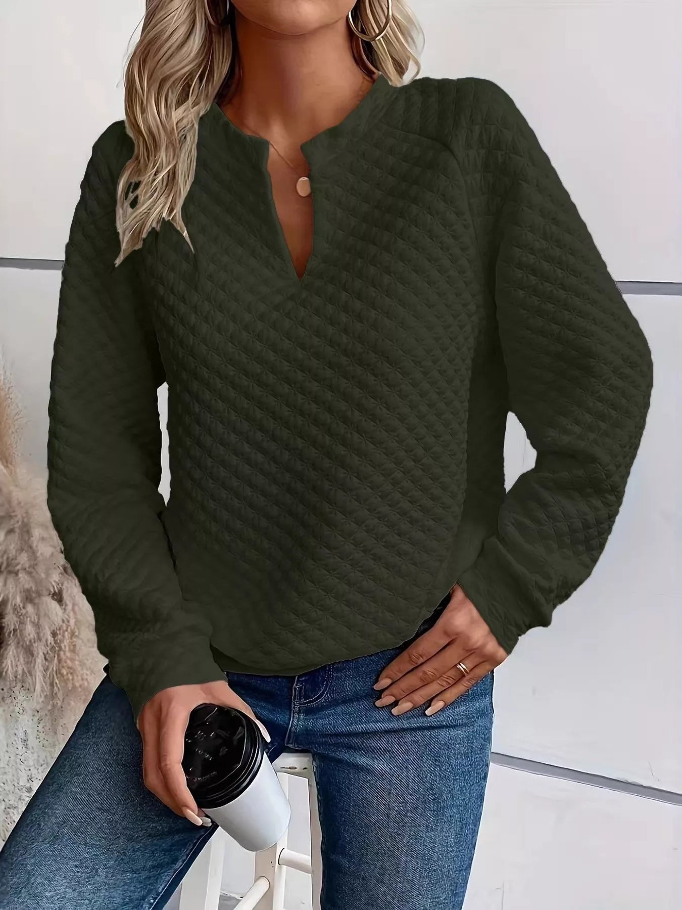 Notched Raglan Sleeve Sweatshirt – Casual Cozy Pullover