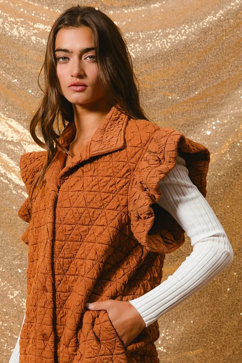 Rust Orange Quilted Vest Coat – Oversized Button-Up for Fall Layers