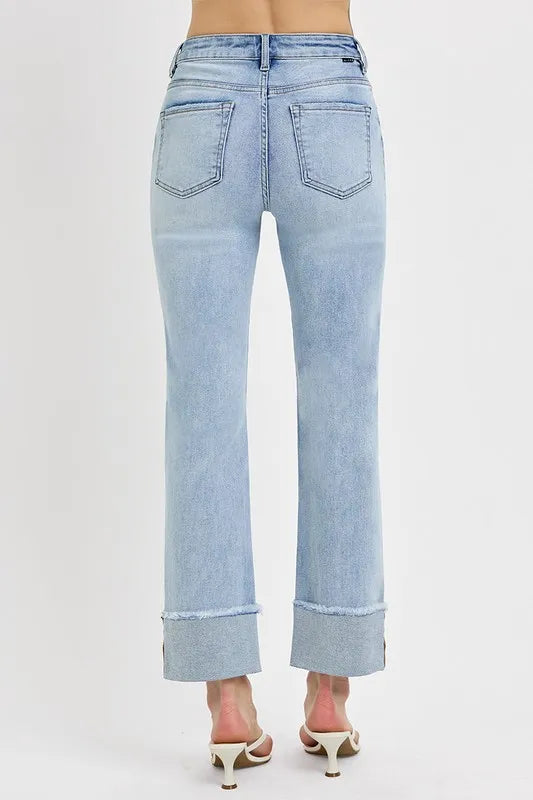 Dreamkue-Risen Women’s High Rise Straight Leg Cuffed Relaxed Fit Jeans Casual Stretch Denim Pants