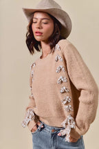 SO ME Checkered Plaid Lace Up Sweater – Trendy Ribbed Knit Style