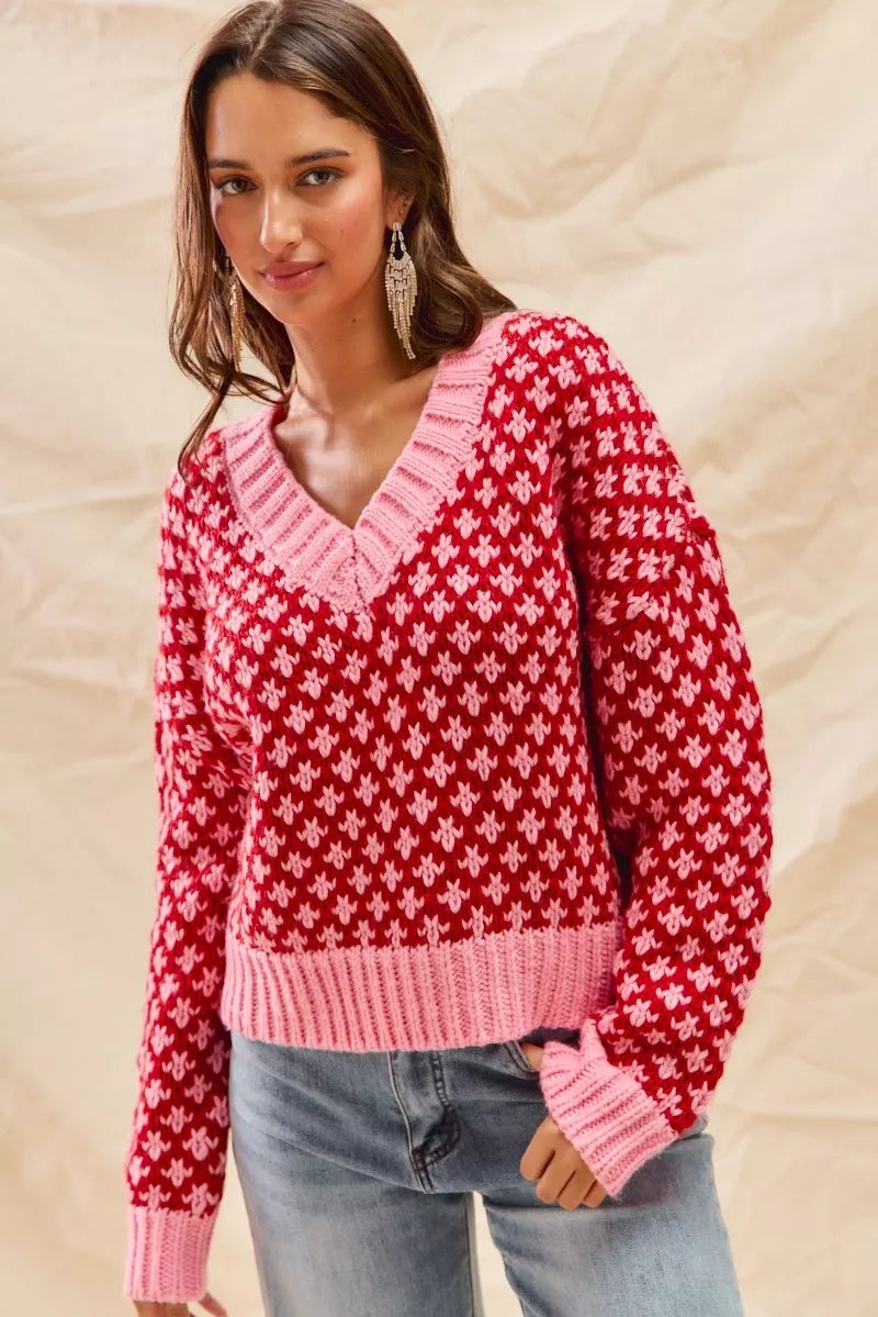 Color Block Textured Christmas Sweater V-Neck