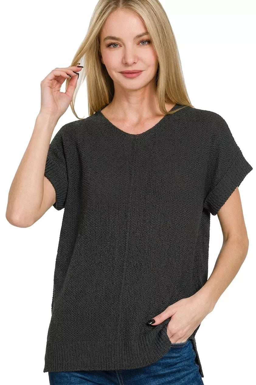 Black ribbed knit top with center seam, crew neckline and short sleeves