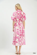 Pink abstract print midi dress with ruffled smocked yoke and tied waist, puff sleeves
