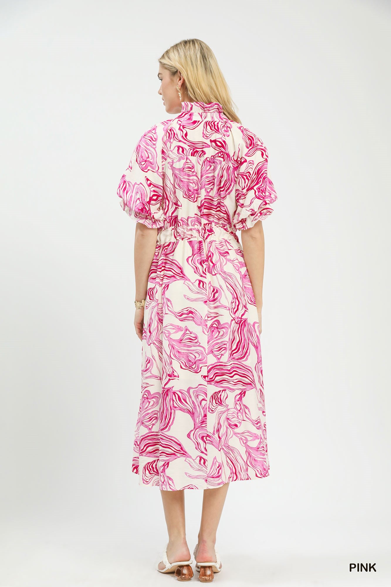 Pink abstract print midi dress with ruffled smocked yoke and tied waist, puff sleeves