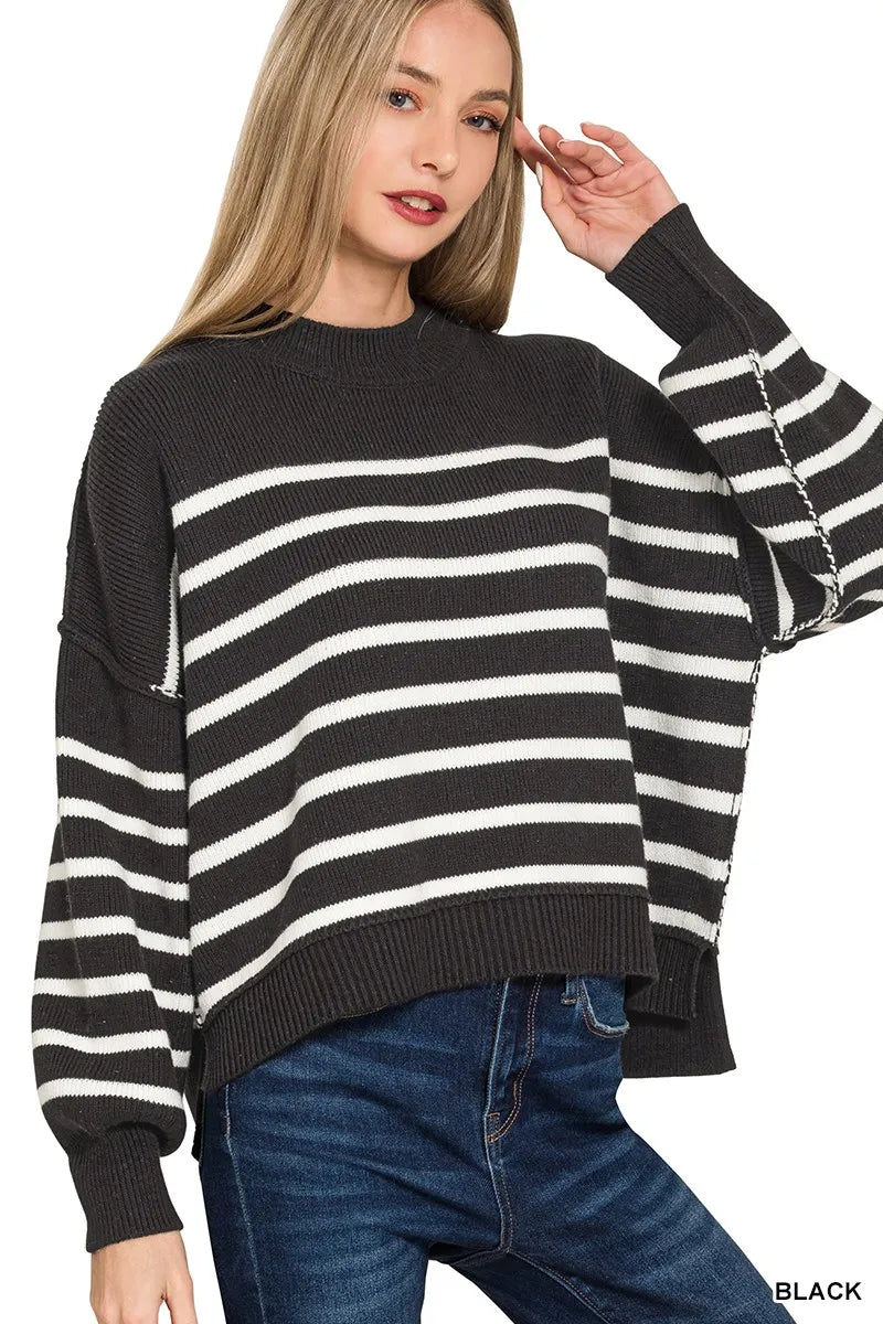 Black & White Striped Pullover Sweater Oversized Cozy & Timeless