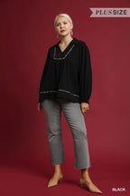 Linen Scallop Hem Blouse with Contrast Trim | Chic Women’s Casual Top