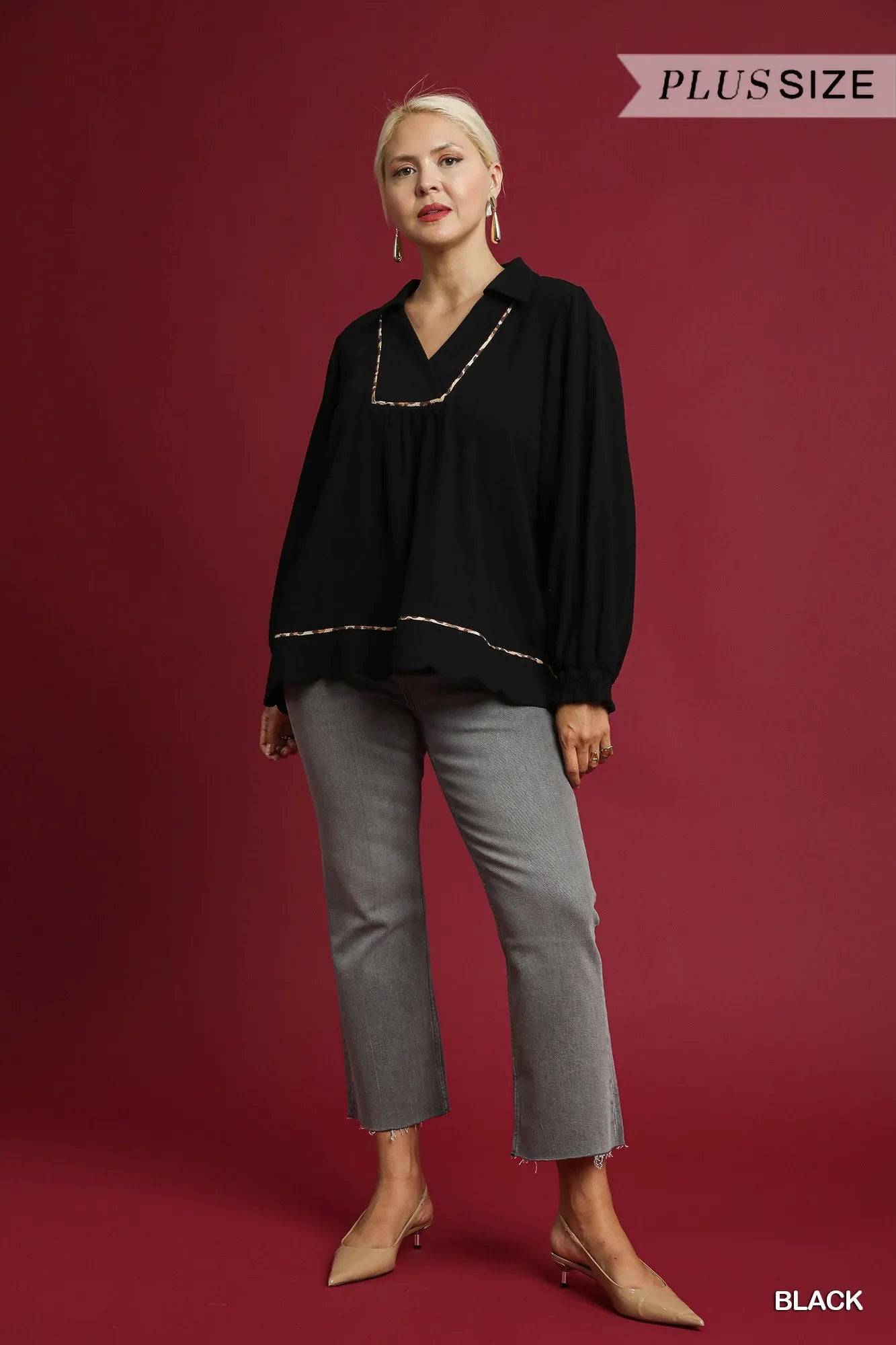 Linen Scallop Hem Blouse with Contrast Trim | Chic Women’s Casual Top