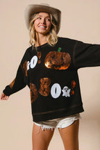 Halloween Sequin Pumpkin & Ghost Sweatshirt – Oversized Black Pullover