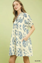 Flowy short-sleeve V-neck dress with lace scallop trim, blue paisley allover
