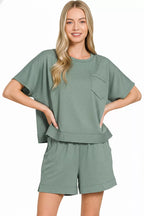 Boxy exposed-seam top and shorts set with peplum hem, heather jade green, pocket