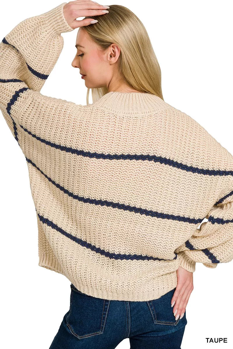 Taupe oversized knit sweater with navy horizontal stripes and ribbed crew neck (back)