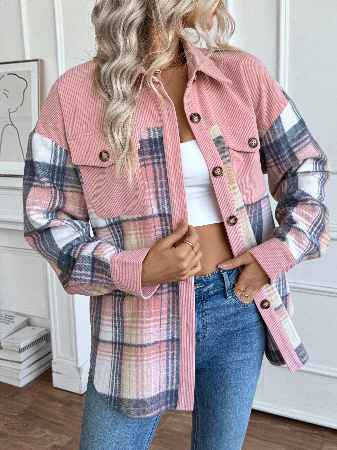 Plaid Button-Up Shacket with Chest Pockets – Cozy Casual Layer