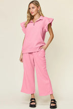 Pink ruffle sleeve top and wide-leg pants matching set with collared neckline