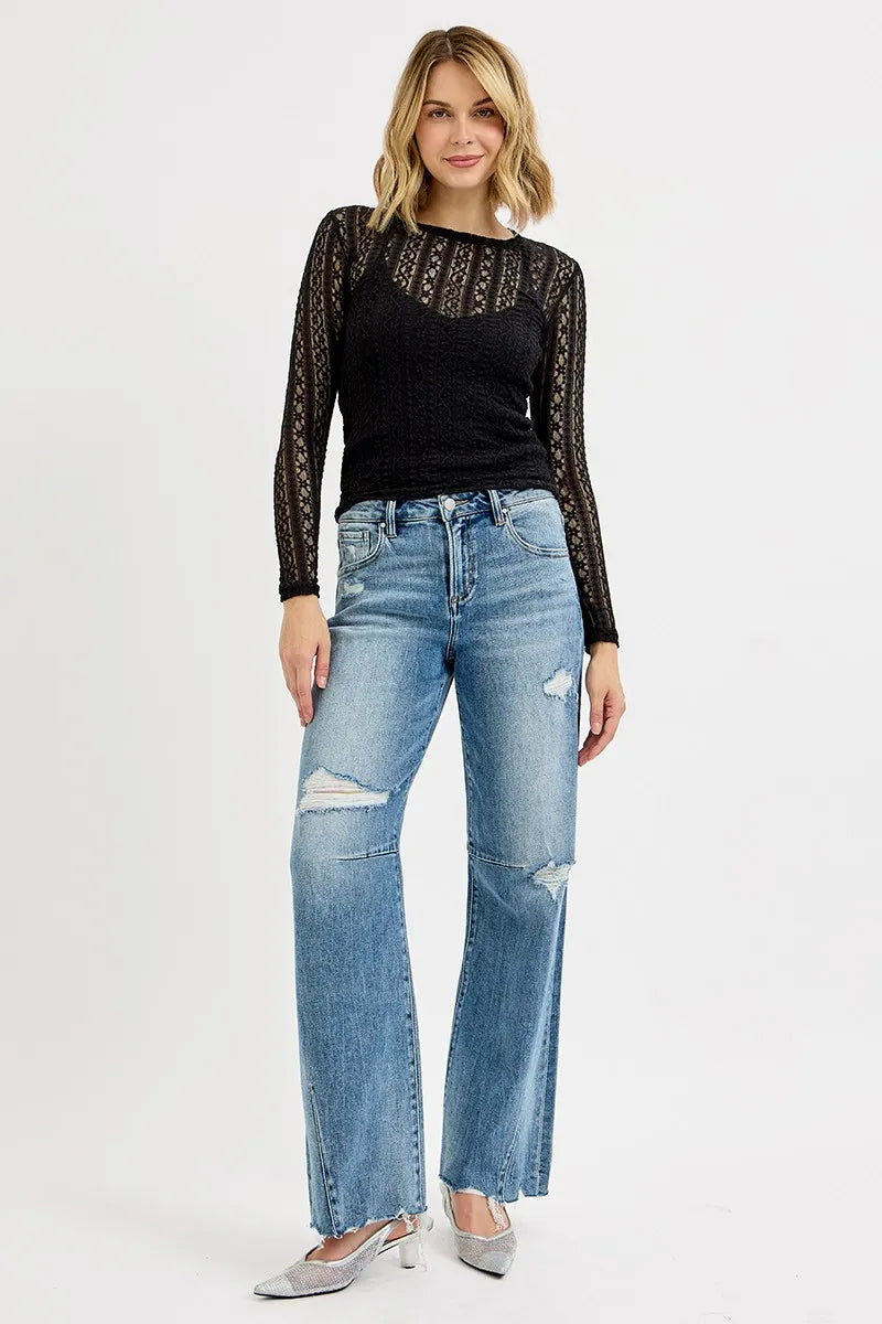 Women’s mid-rise wide-leg jeans, medium wash with knee distress and ripped patches