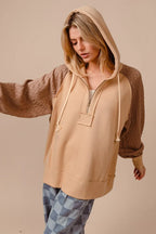 Half Zip French Terry Hoodie with Knit Sleeves