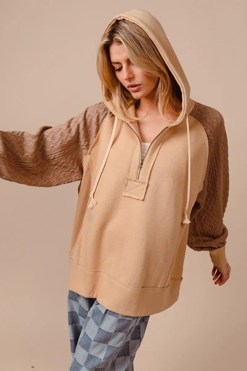 Half Zip French Terry Hoodie with Knit Sleeves