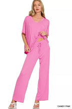 V-neck oversized top with matching wide-leg pants set, candy pink