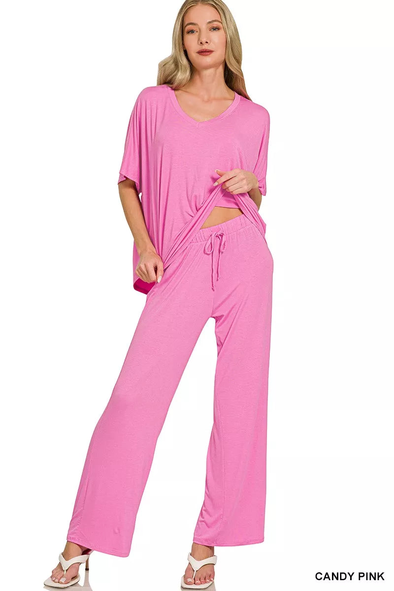 V-neck oversized top with matching wide-leg pants set, candy pink