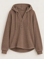Waffle-knit button hoodie in taupe brown, long sleeves, hood with drawstrings.