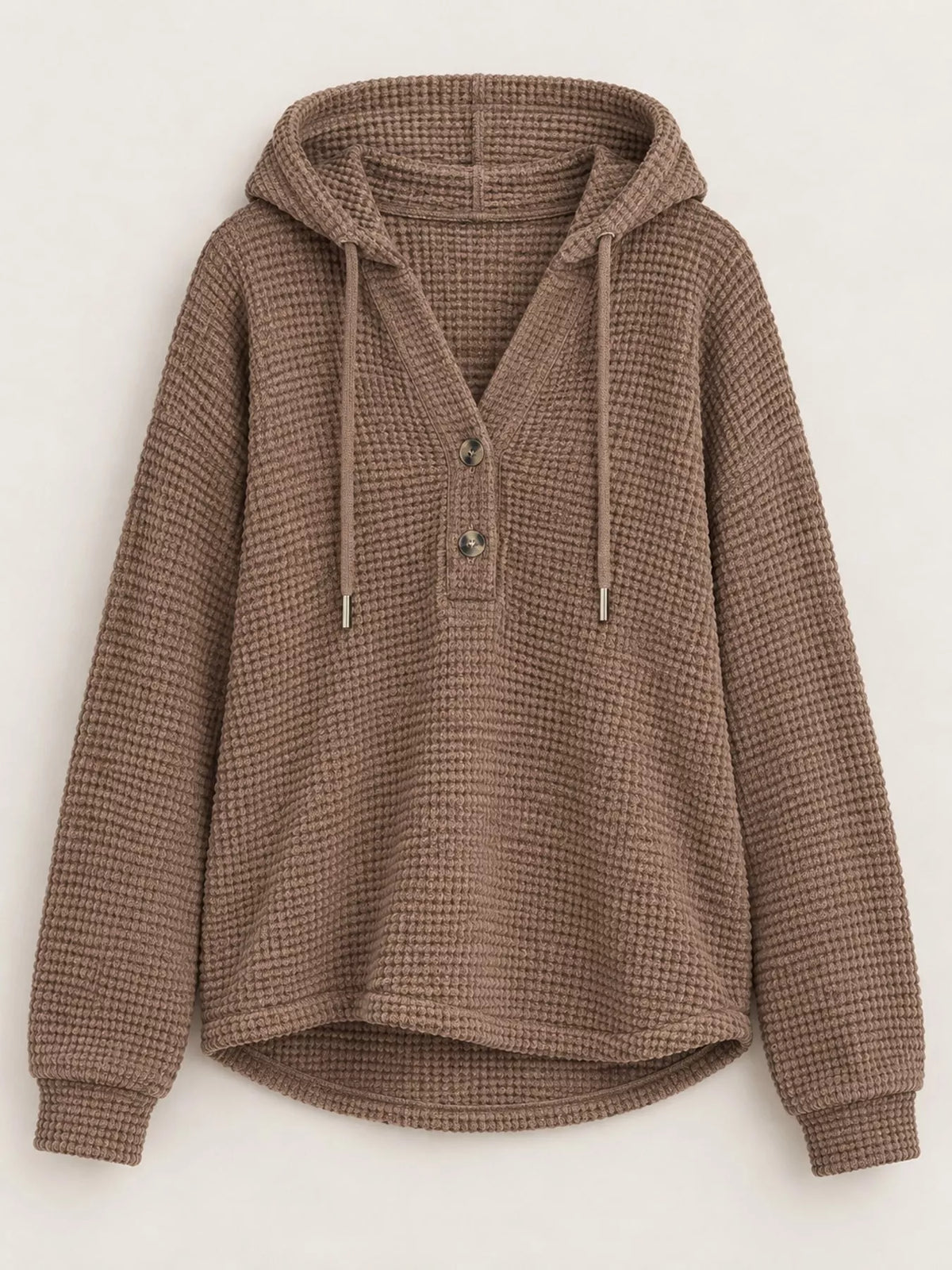 Waffle-knit button hoodie in taupe brown, long sleeves, hood with drawstrings.