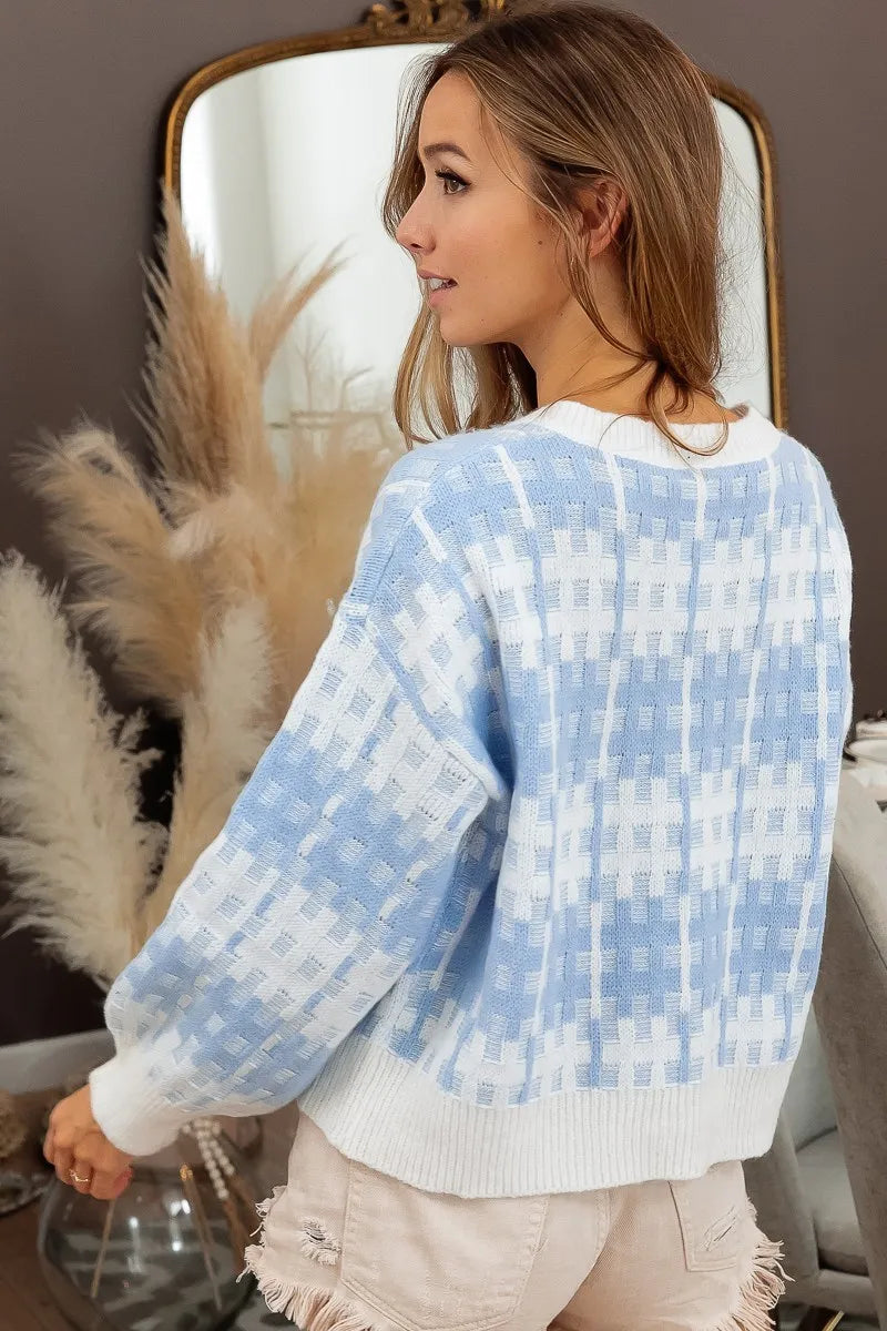 Hashtag Grid Textured V-Neck Sweater Top Trendy & Cozy Staple
