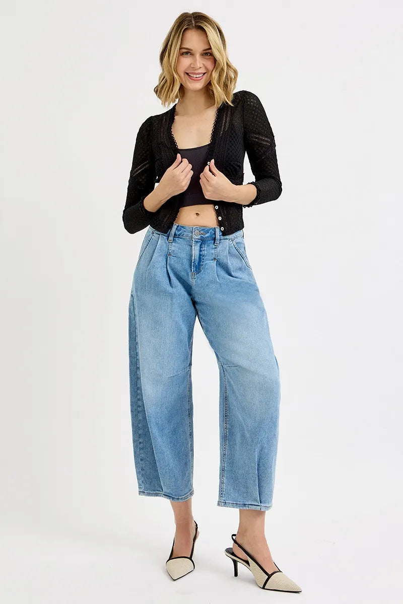 Mid Waist Wide Leg Pleated Jeans – Light Blue Vintage Crop Denim