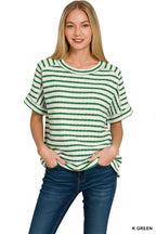 Plus size green-and-white striped round-neck tee with short sleeves