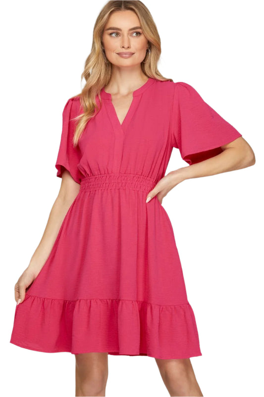 She + Sky Ruffled Hem Notched Flutter Sleeve Mini Dress