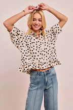 BiBi Polka Dot Peplum Top – Cute Front Button Feminine Chic Style