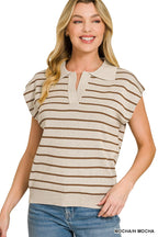 Striped polo-collar sweater vest, tan with brown horizontal stripes and half-zip placket