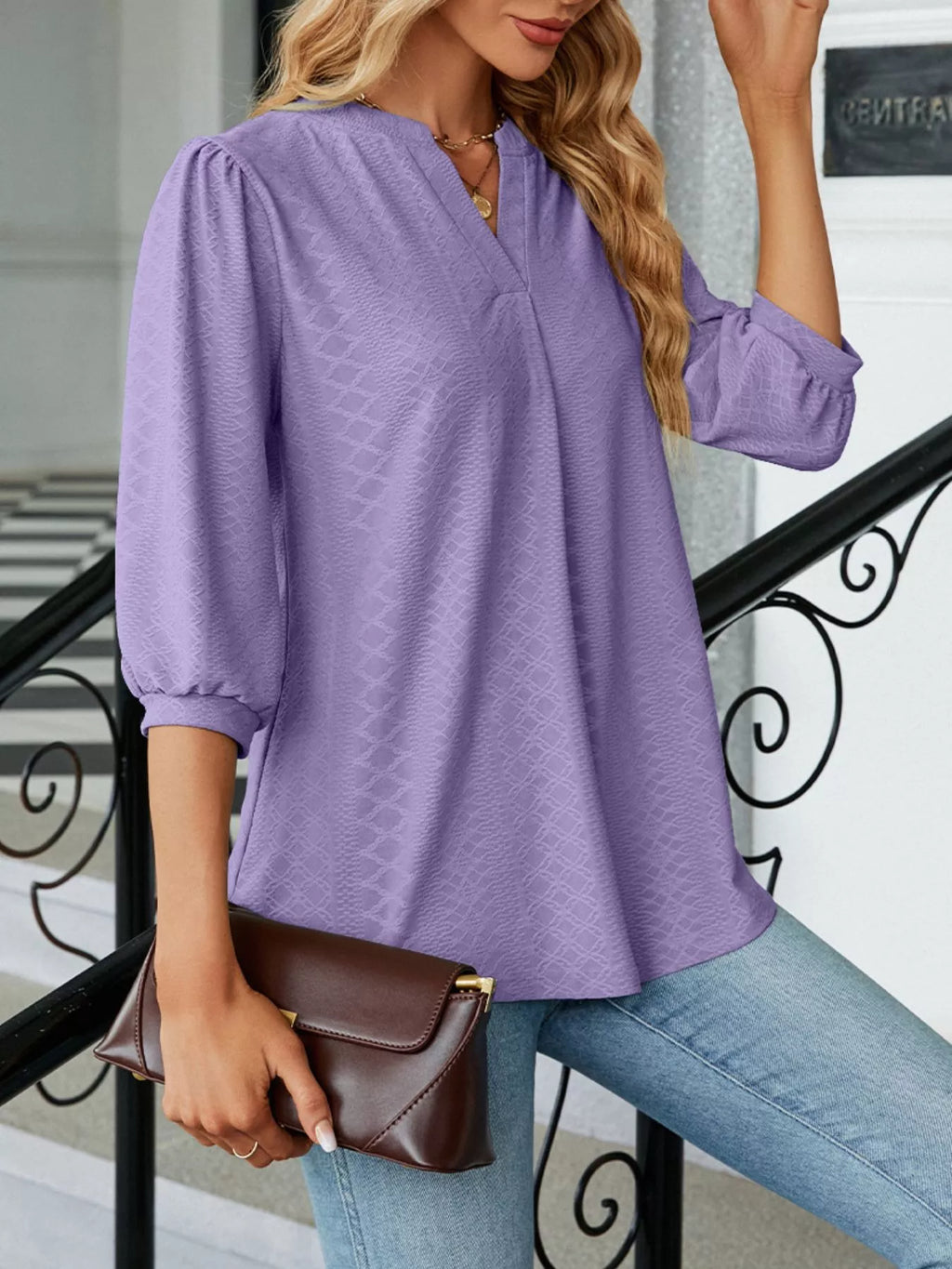 Notched 3/4 Sleeve Casual Top – Effortless Everyday Style