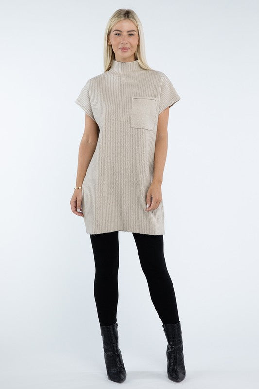 Zenana Mock Neck Short Sleeve Sweater Dress with Pocket