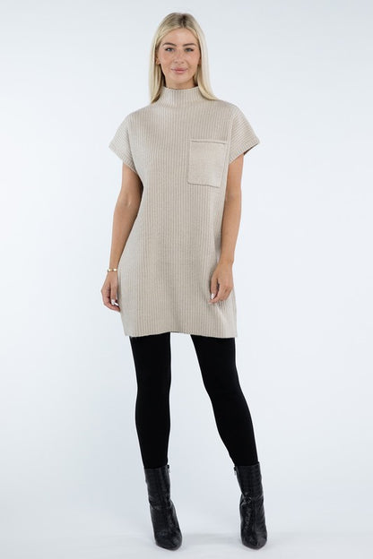 Zenana Mock Neck Short Sleeve Sweater Dress with Pocket