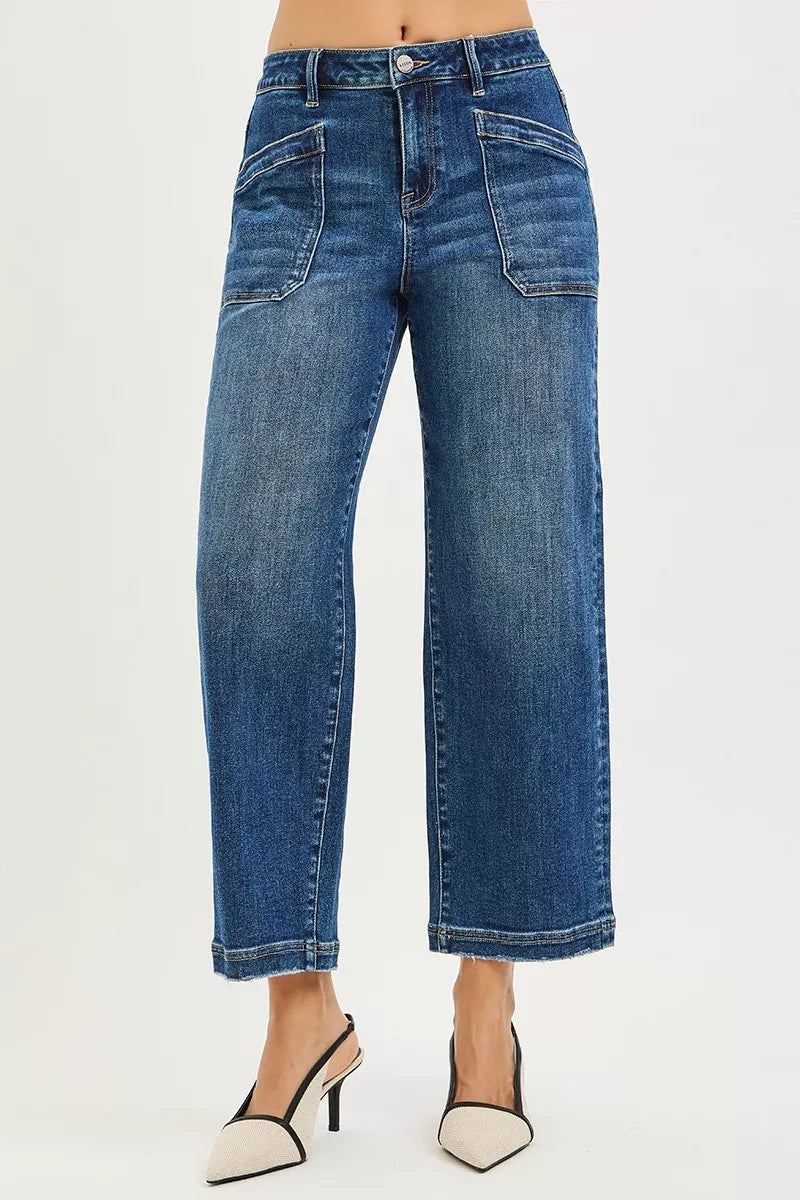 Women’s dark wash straight wide-leg jeans with front patch pockets and button fly