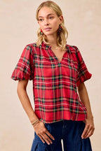 BiBi Christmas Plaid Ruffled Blouse – Festive Short Sleeve Holiday Top