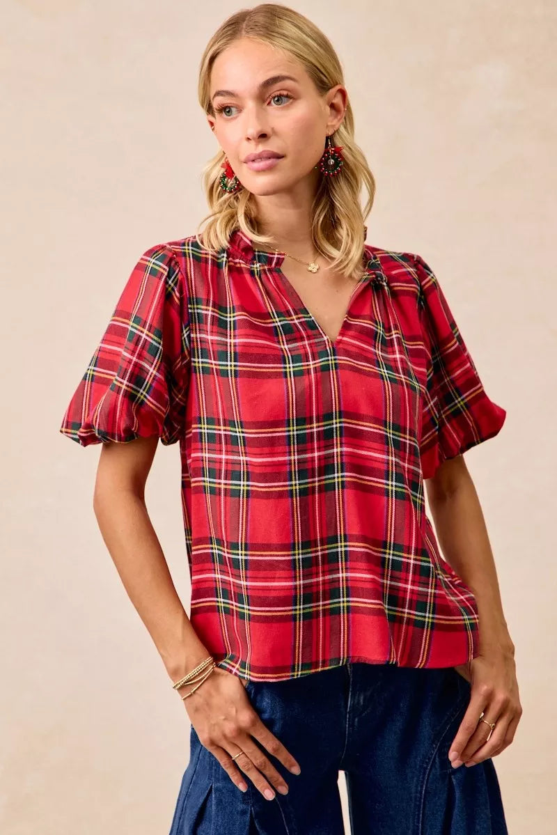 BiBi Christmas Plaid Ruffled Blouse – Festive Short Sleeve Holiday Top