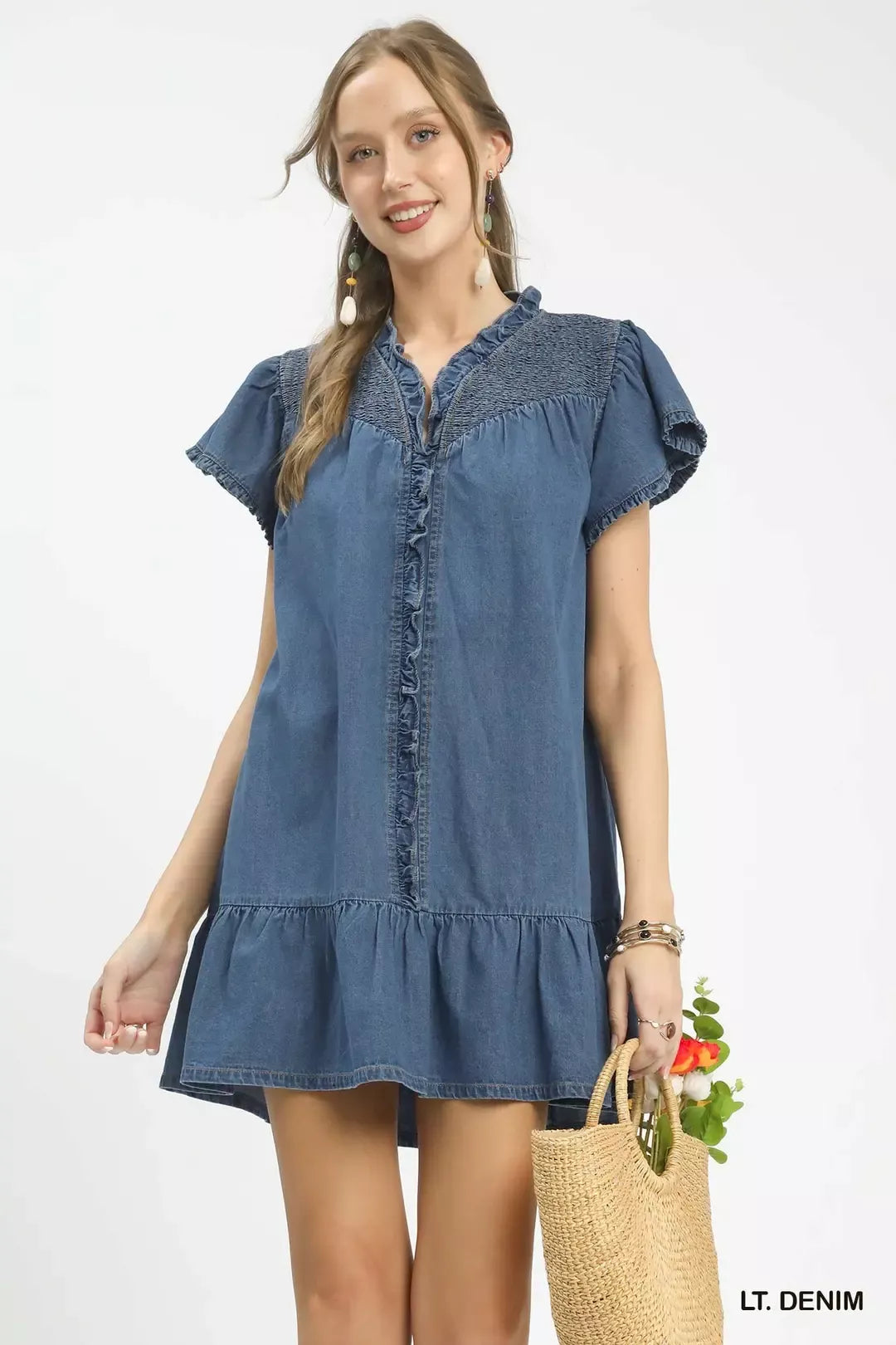 Washed denim ruffle dress with short cap sleeves, button front, tiered skirt