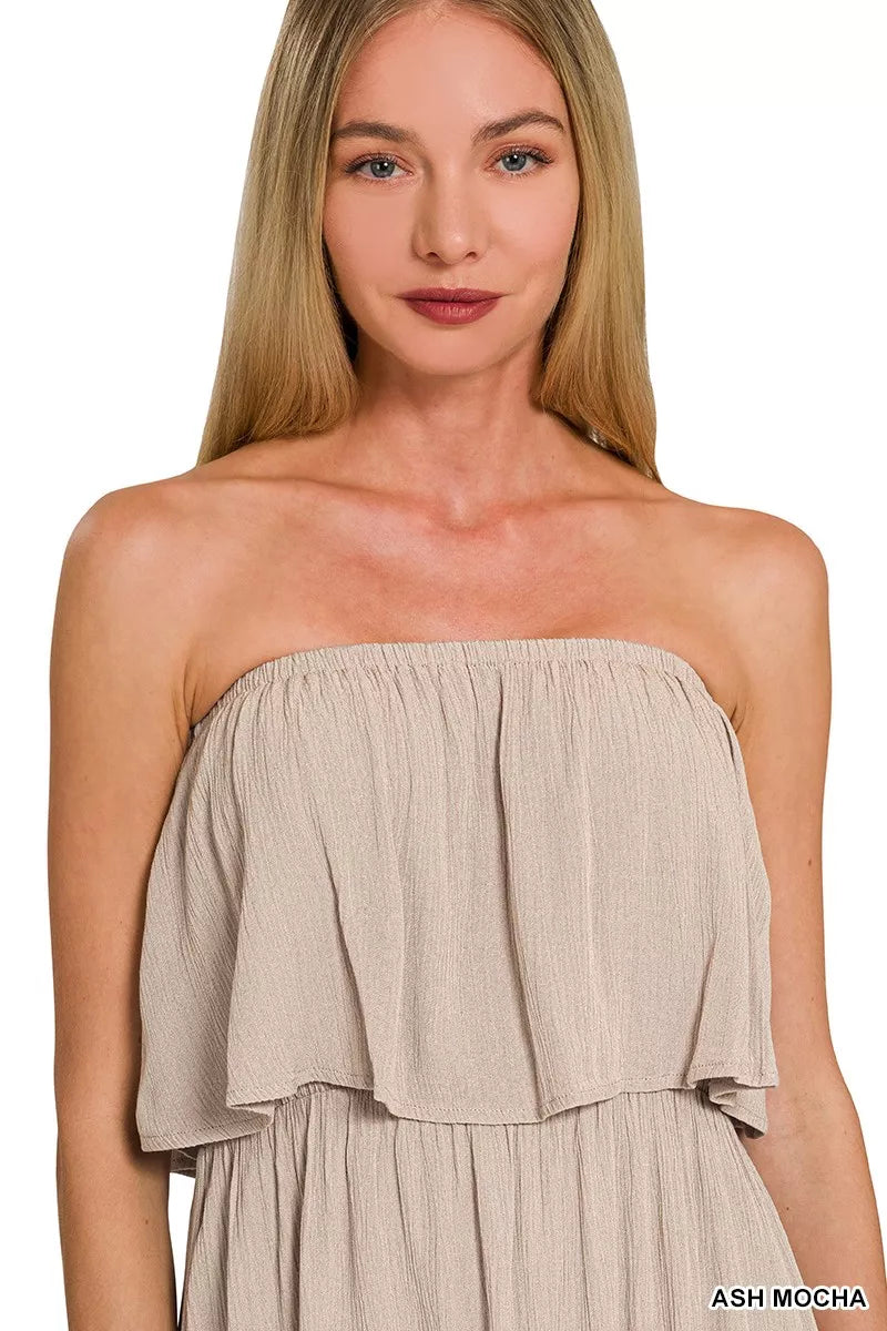 Strapless ash mocha crinkle maxi dress with layered ruffle bodice and gathered strapless top