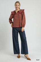 Rust Plaid Ruffle Collar Plus Blouse Vintage Women’s Fall Winter Top