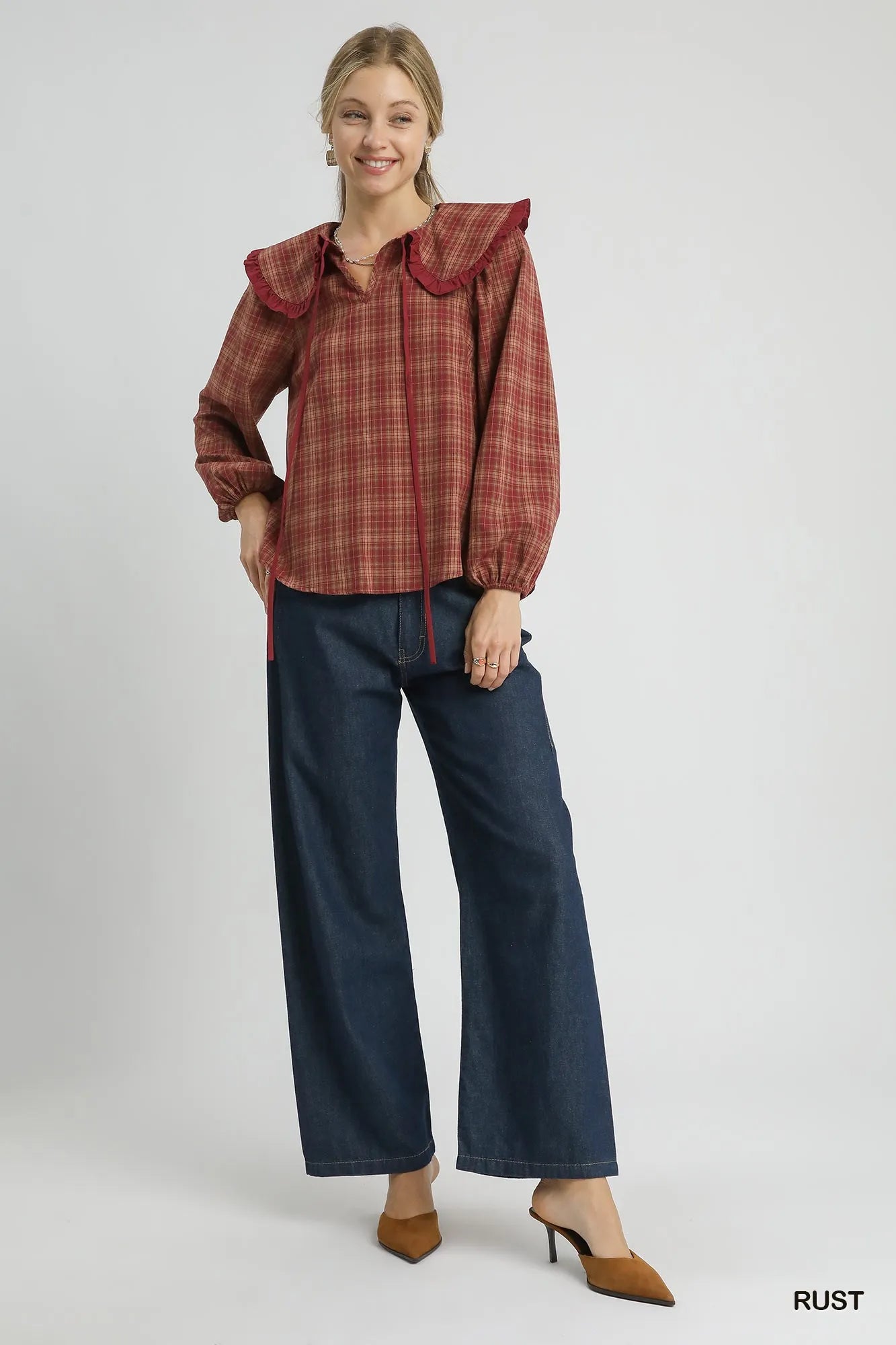 Rust Plaid Ruffle Collar Plus Blouse Vintage Women’s Fall Winter Top