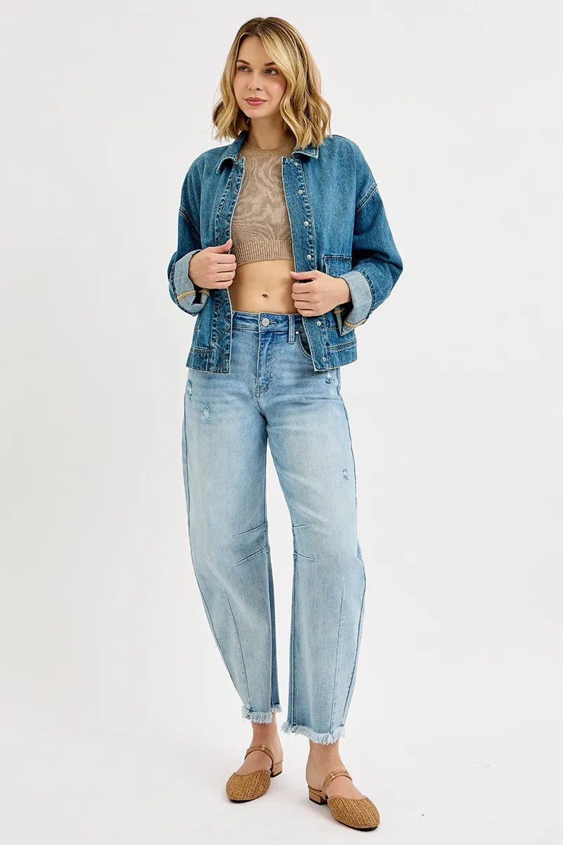 Oversized Blue Denim Jacket for Women | Vintage Wash Cotton Jean Jacket