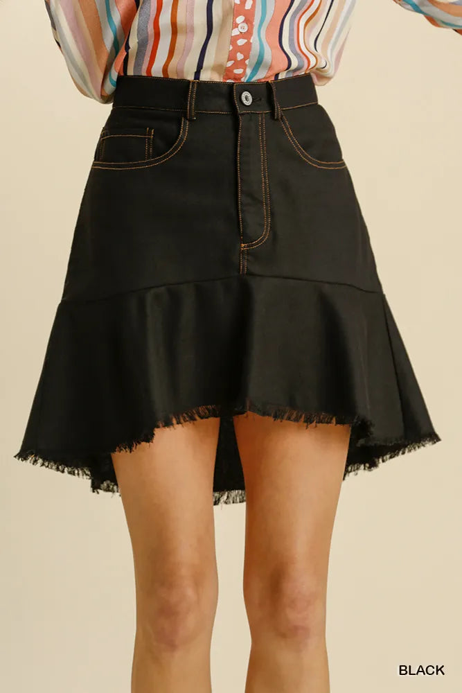 Linen Blend High-Low Skirt – 5 Pockets & Frayed Hem for Effortless Style