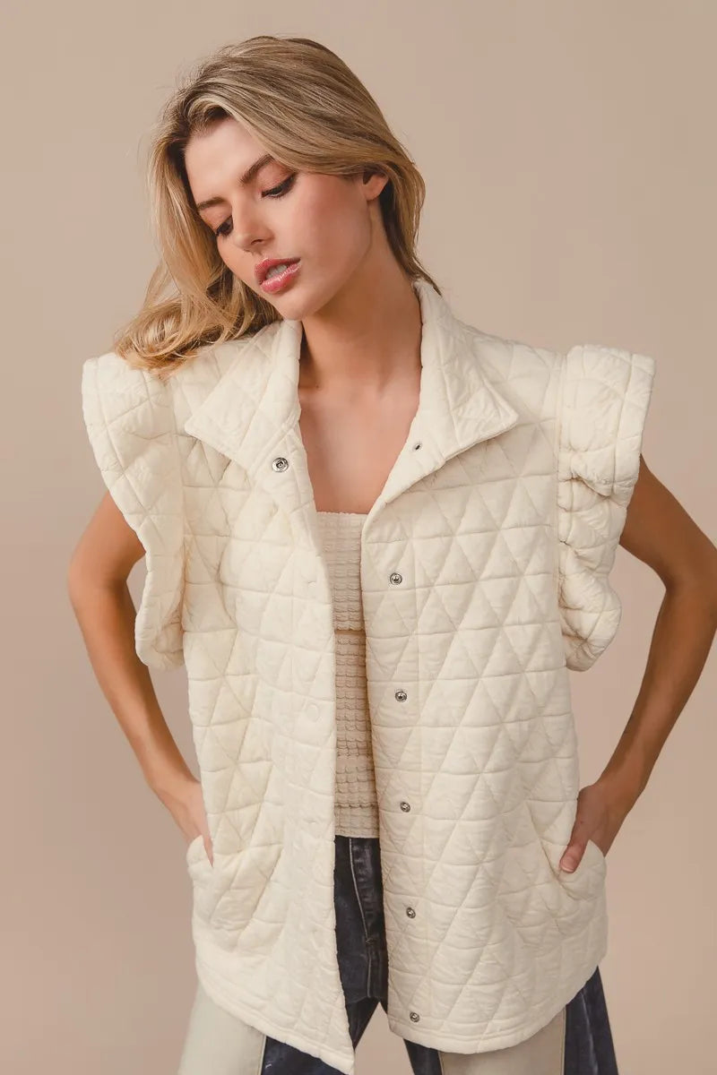 Cream Quilted Vest Coat – Diamond Pattern Button-Front Layering Piece