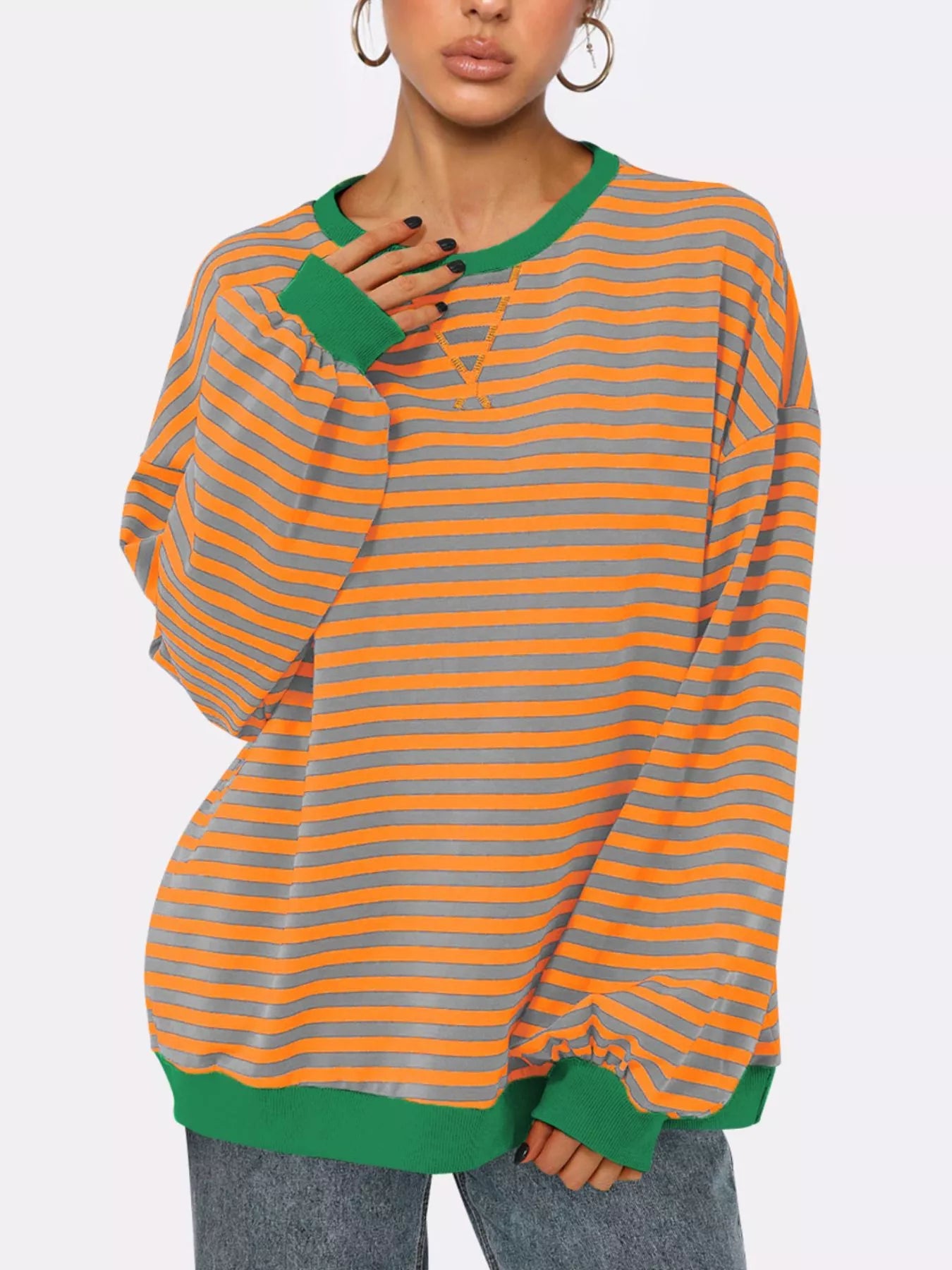 Striped Round Neck Long Sleeve Sweatshirt – Casual Everyday Style