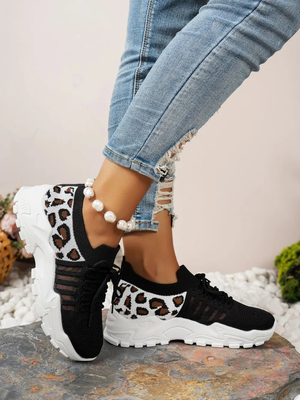 Cutout Leopard Lace-Up Mesh Athletic Sneakers – Sporty & Stylish