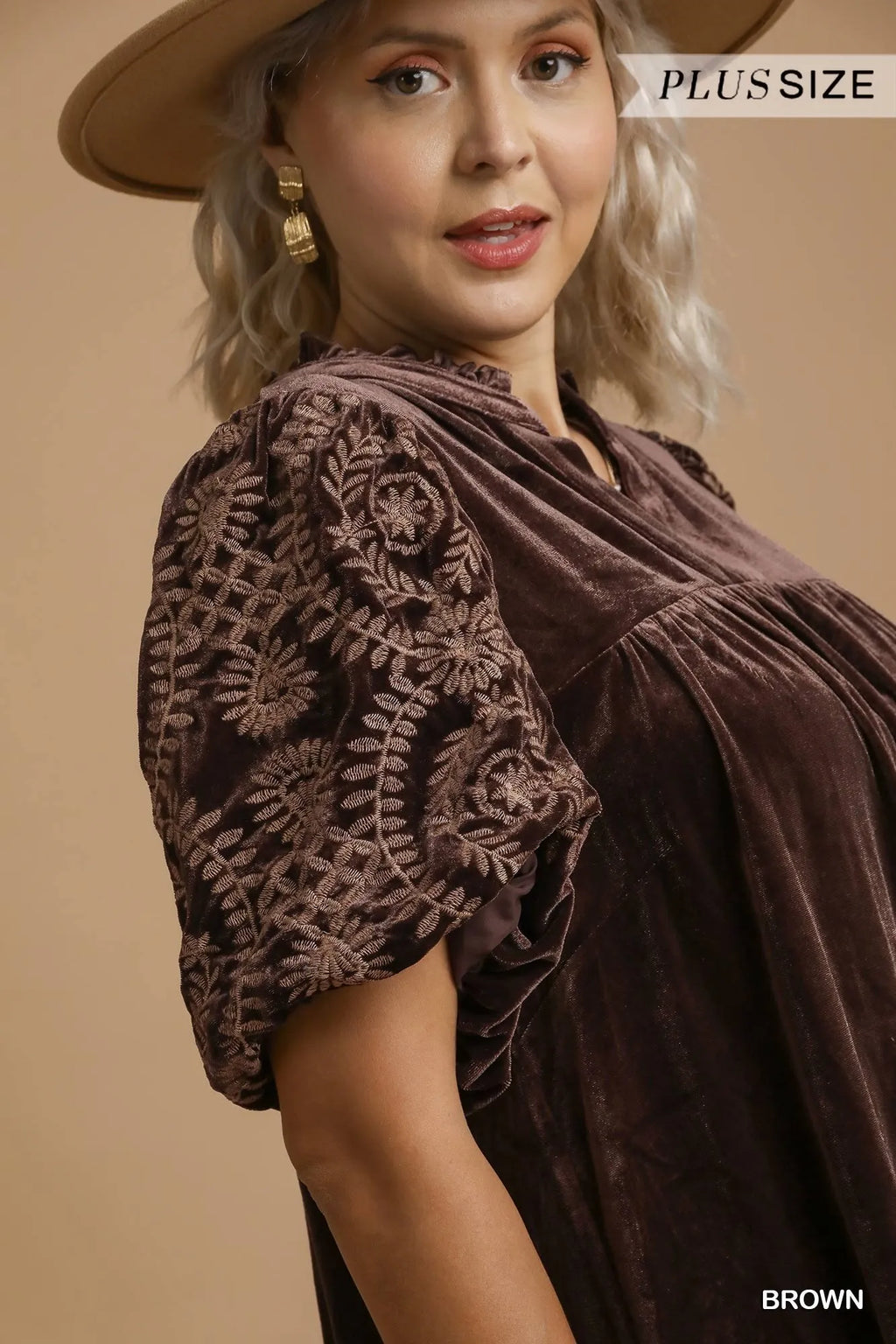 Bohemian Velvet Blouse with Embroidered Sleeves Brown Elegant Top