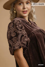 Bohemian Velvet Blouse with Embroidered Sleeves Brown Elegant Top